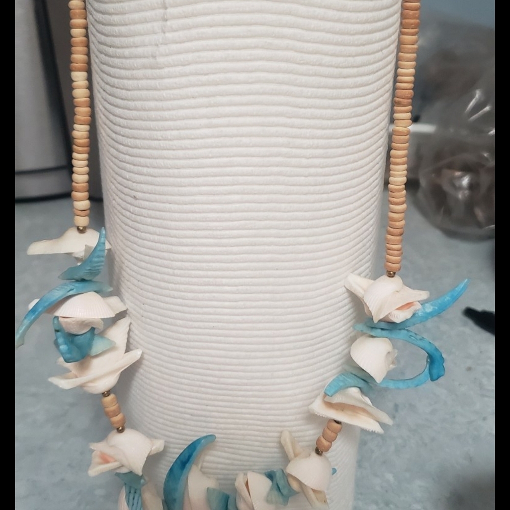Beaded Necklace with Blue and Cream Accents